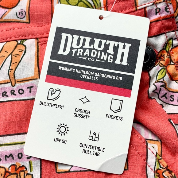 NWT Duluth Medium x31L Heirloom Gardening Bib Overalls Coral Seed Packets Farm - Picture 3 of 9
